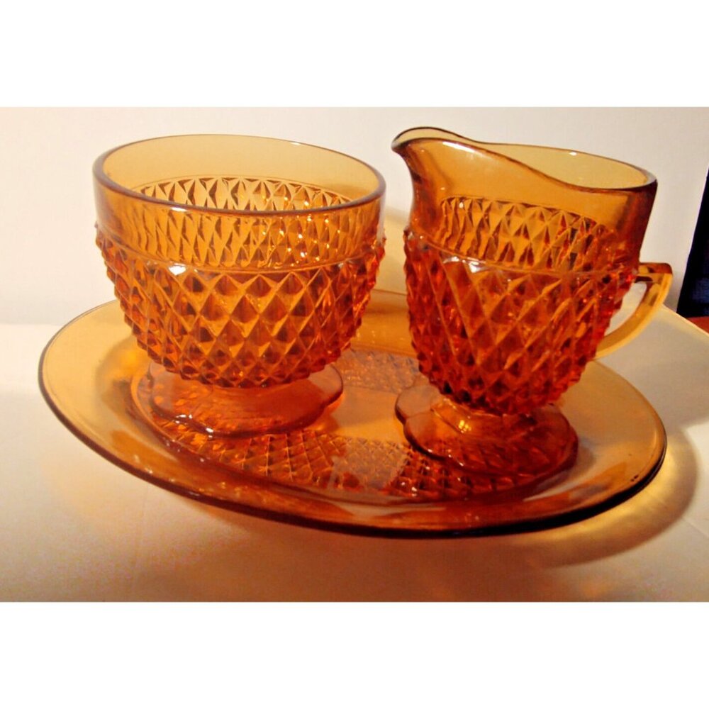 Indiana Glass Cream & Sugar Set with Under-plate Diamond Point